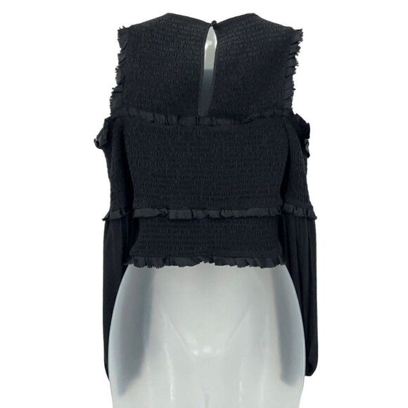 Cinq a Sept Pascal Top Women XS Black Silk Cold Shoulder Crop Stretchy Long - Picture 6 of 10